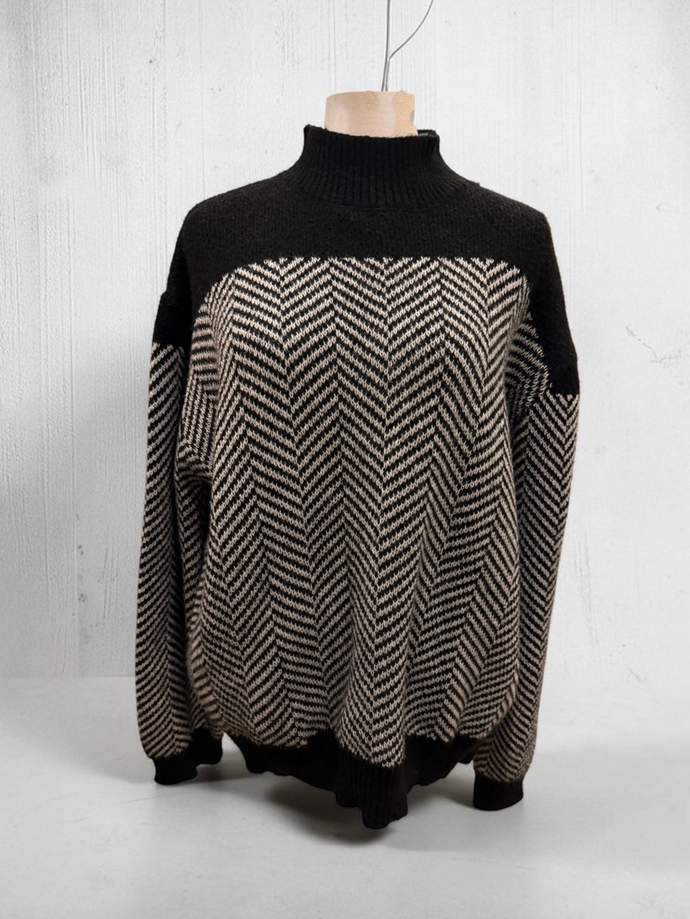 Women’s Black and Cream Herringbone Turtleneck Sweater